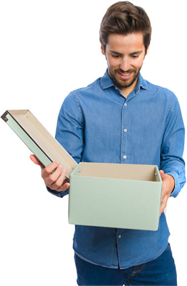 image of a man looking happily surprised by opening a box