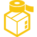 yellow illustration of a box and a roll of sticky tape