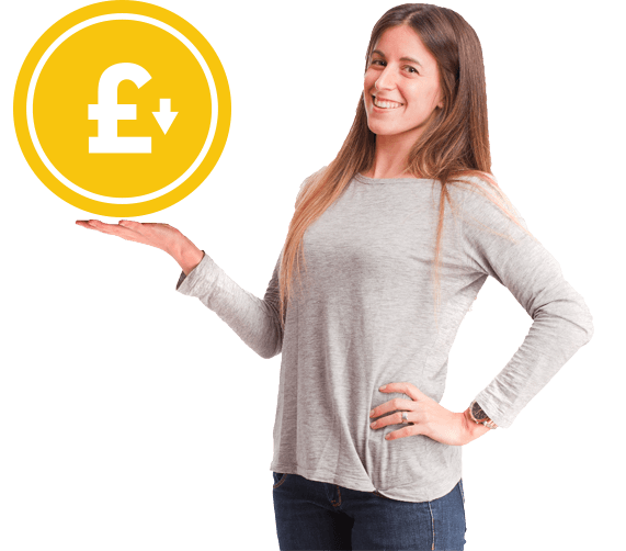 photo of a happy woman holding a big coin representing the best prices in the business