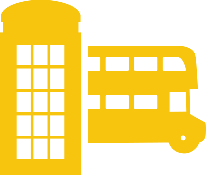 yellow illustration of a london call booth and a two-story bus